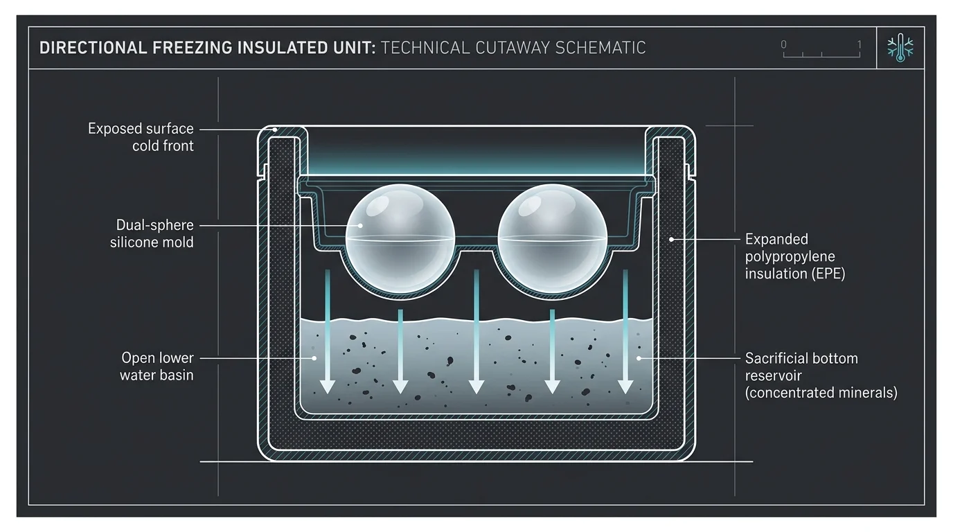 Technical cutaway schematic of an insulated directional freezing unit with two sphere moulds over a bottom water basin.