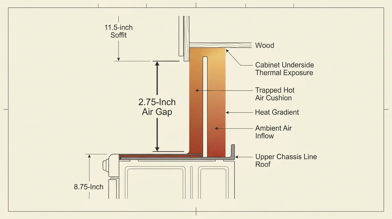 Technical cross-section diagram of an 8.75-inch oven showing a 2.75-inch air gap and heat gradient rising to a wooden cabinet.