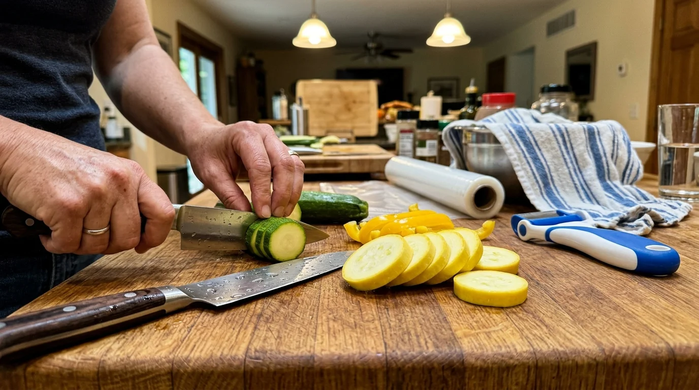 Person slicing zucchini on a wooden cutting board next to sliced squash, chef knives, and a roll of vacuum bags.