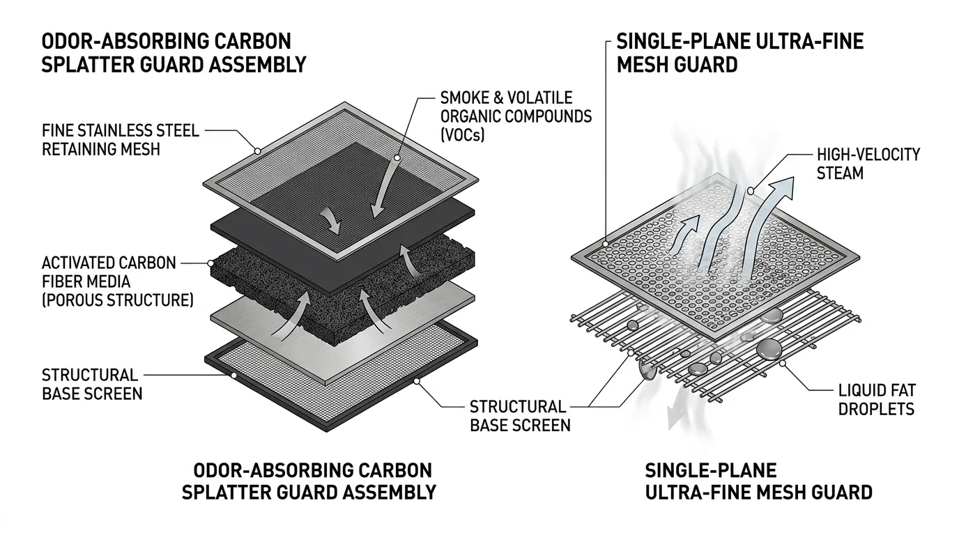 Diagram comparing a layered odor-absorbing carbon splatter guard assembly to a single-plane ultra-fine mesh guard.