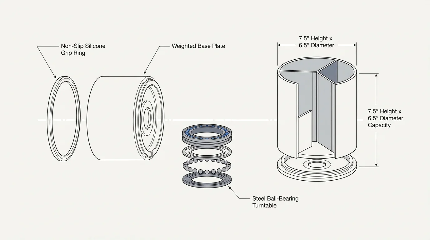 Exploded technical diagram detailing the internal ball bearings and weighted base of a rotating utensil carousel.