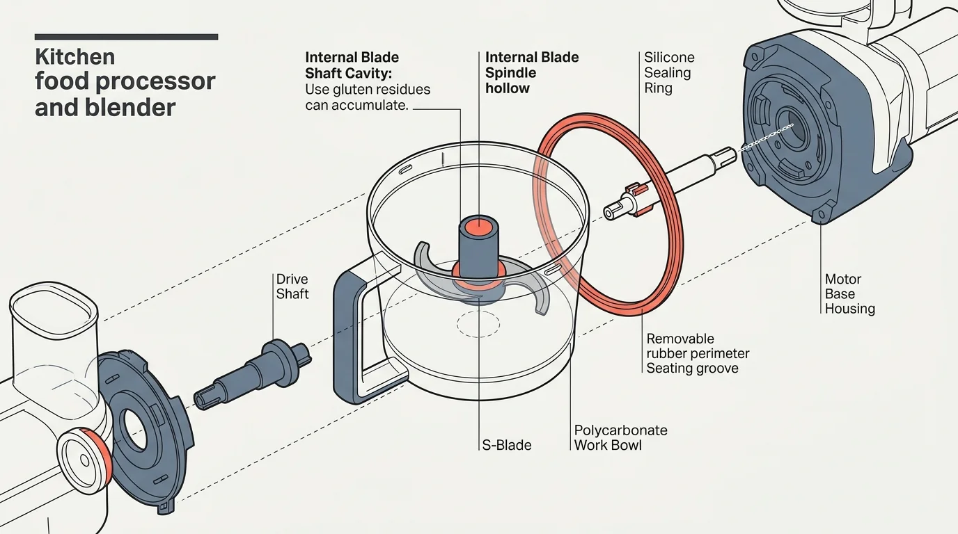Exploded diagram of a food processor showing labeled components like the drive shaft, work bowl, and motor base housing.