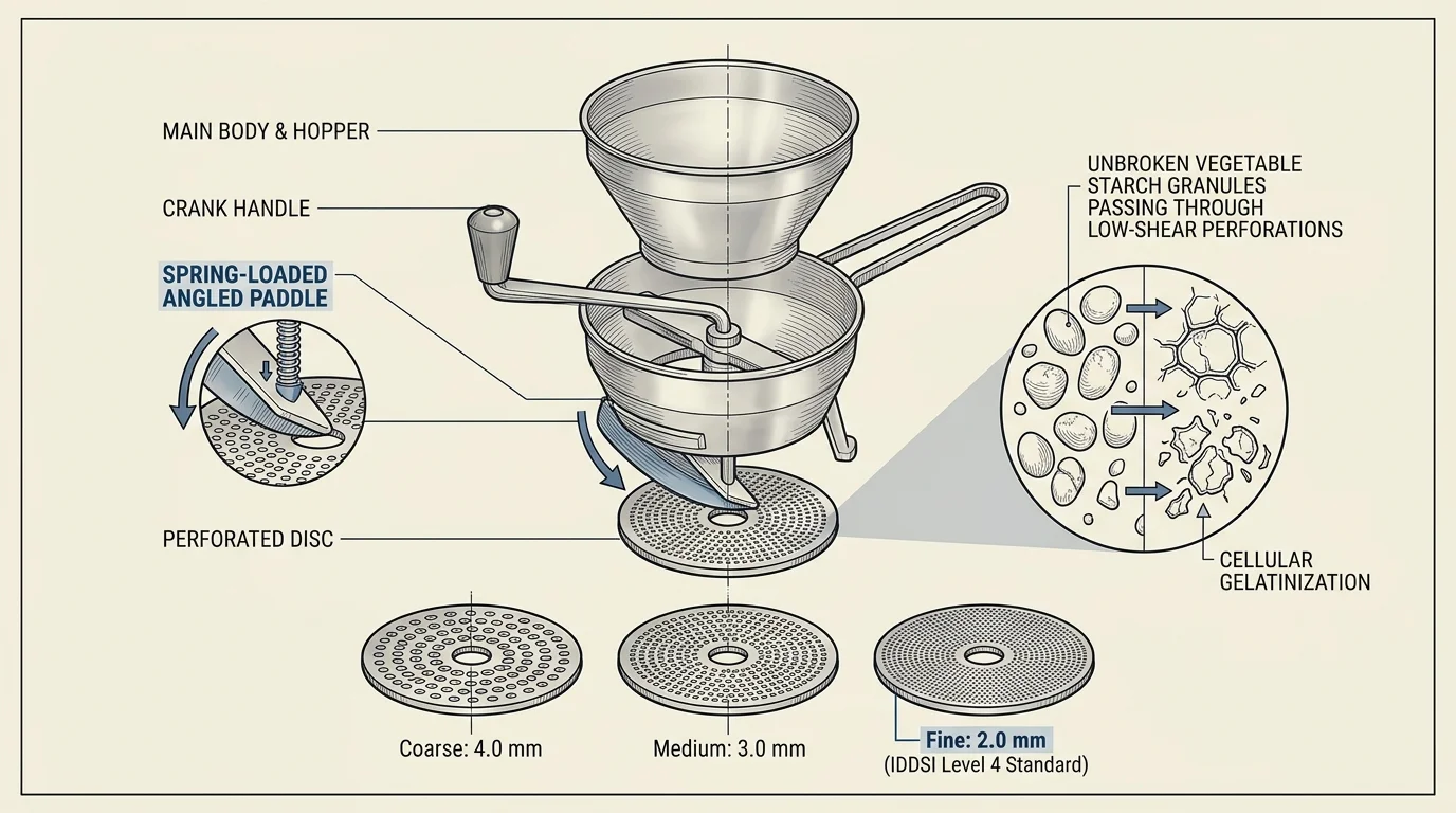 Diagram of a rotary food mill with labeled parts, showing coarse, medium, and fine 2.0 mm perforated discs.