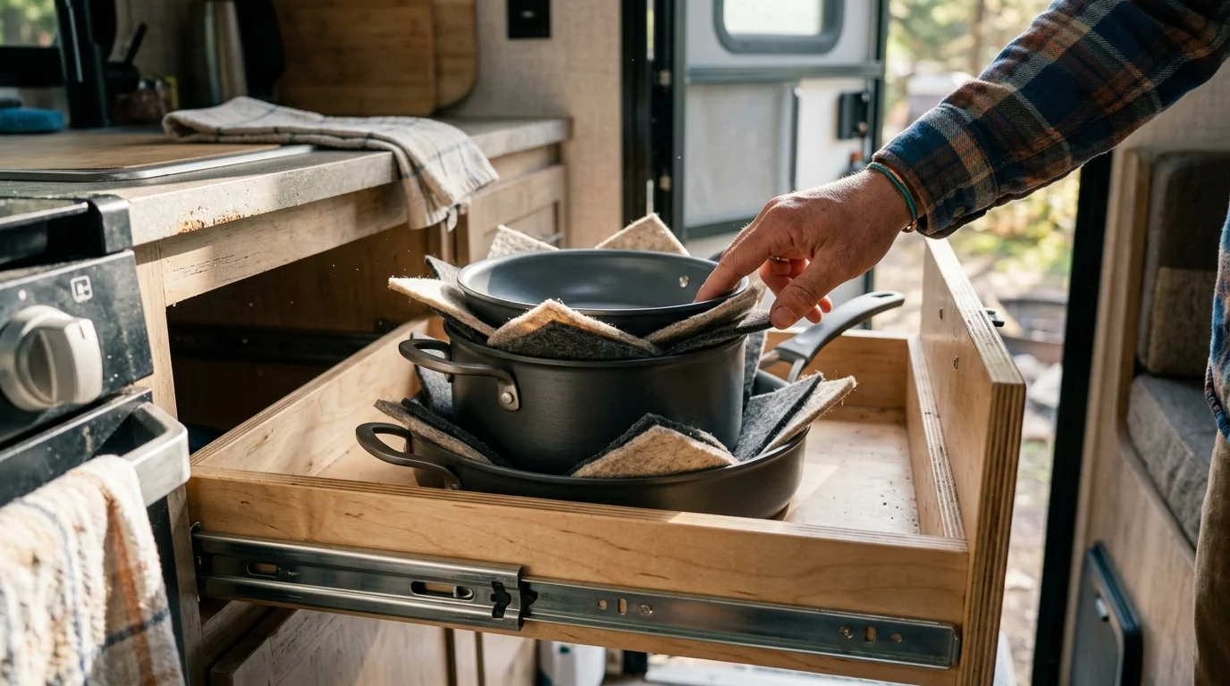 A person places a hand on pots and pans stacked with felt protectors inside an open wooden RV kitchen drawer.