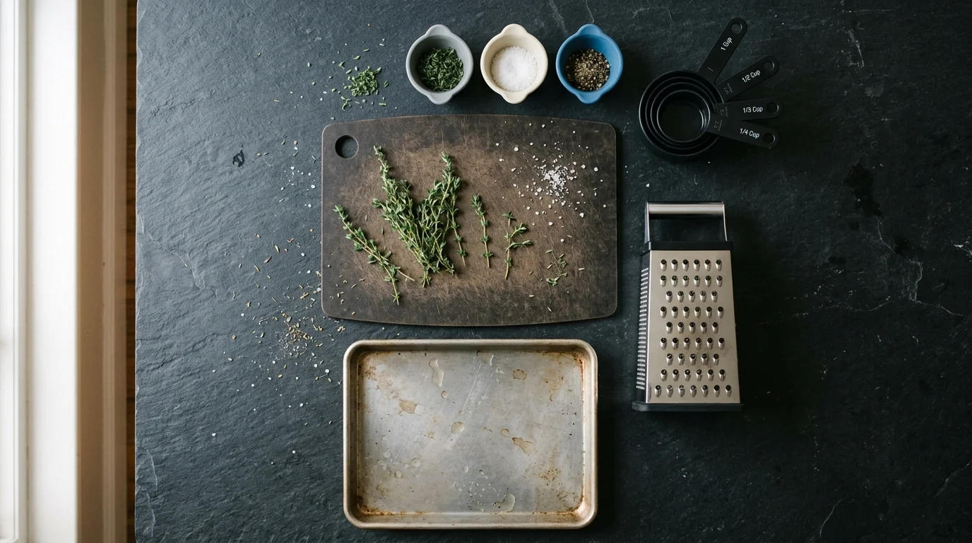Overhead view of a cutting board with thyme, pinch bowls, measuring cups, a box grater, and a small baking sheet on slate.