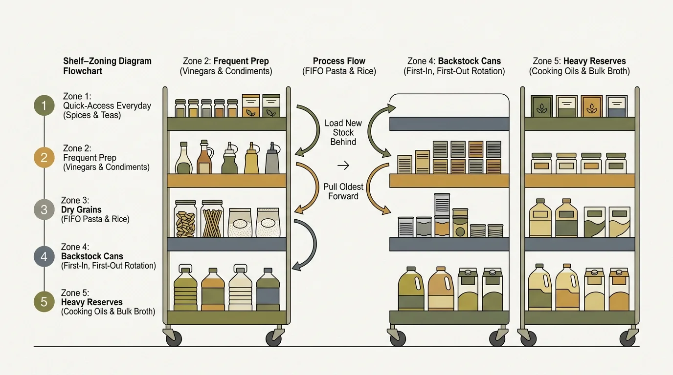Flowchart diagram outlining 5-tier zone organization and first-in first-out restocking rules for slim pantry organizers.