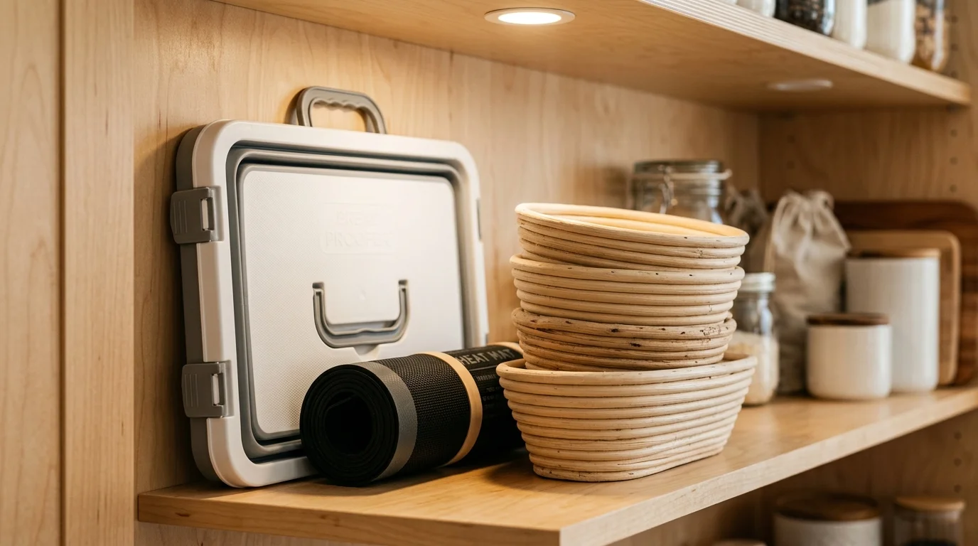 A folded bread proofer box, rolled heat mat, and stacked banneton baskets sitting on a wooden pantry shelf.