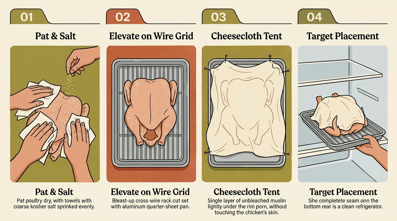 Four-step illustrated guide showing salting, rack placement, cheesecloth draping, and refrigerator staging.