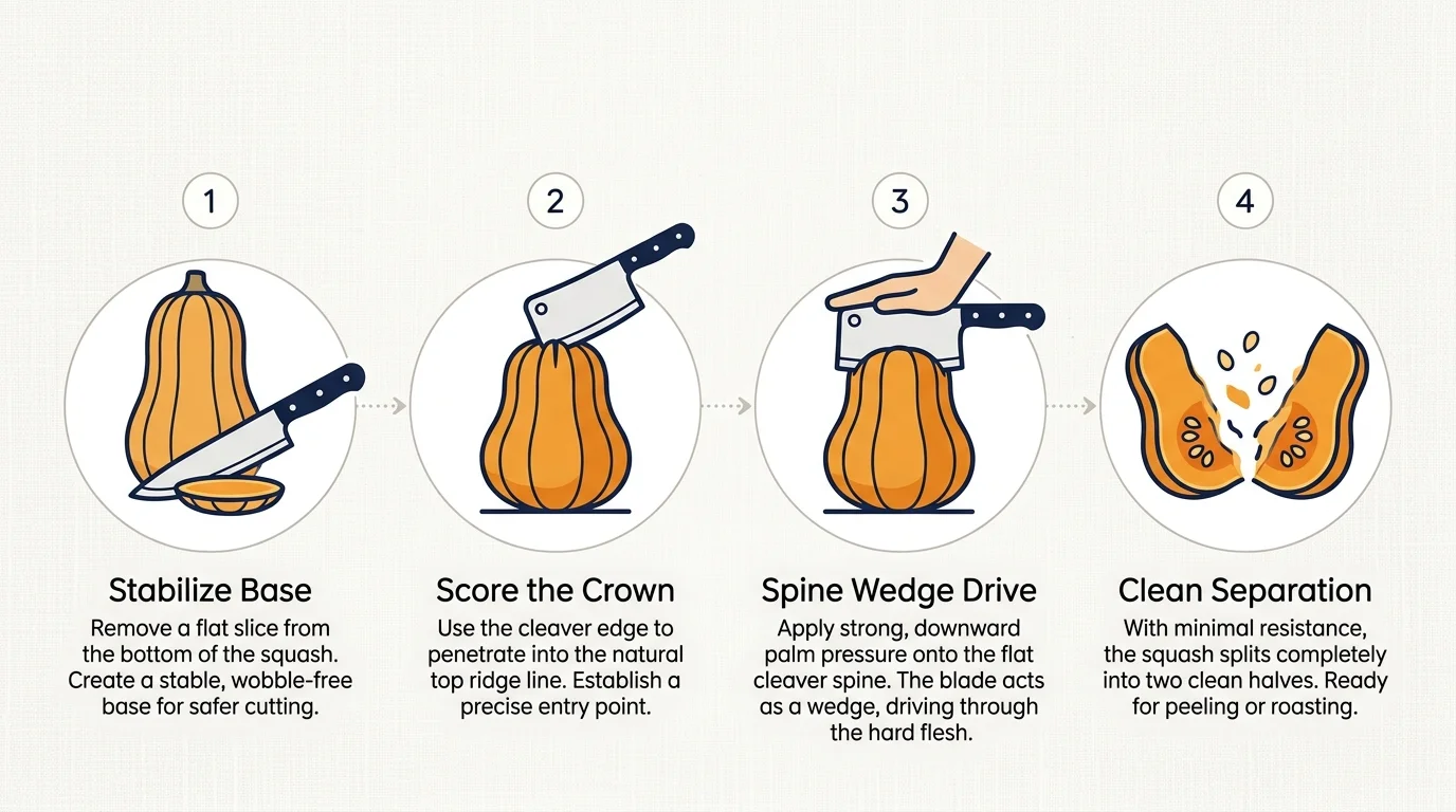 Four-step process diagram illustrating how to safely level, score, drive, and split winter squash on a board.