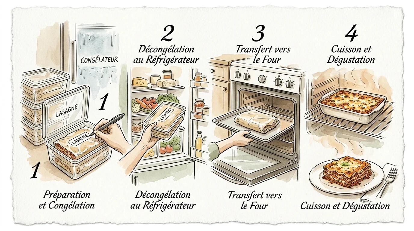 Ink sketch showing a four-step lasagna workflow: freezing portions, thawing in the fridge, oven transfer, and baked meal.