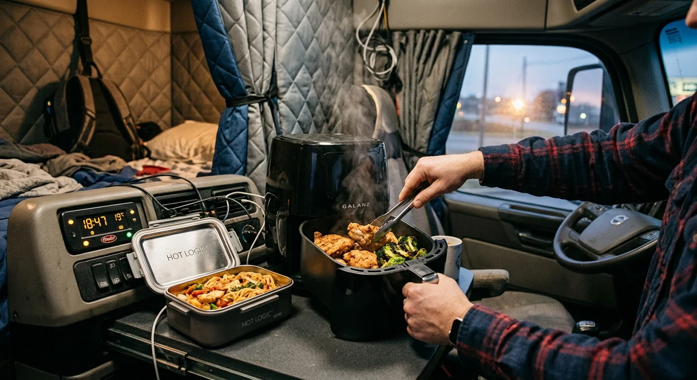 A truck driver uses tongs to check steaming food in an air fryer basket next to an open heated lunchbox inside a cab.