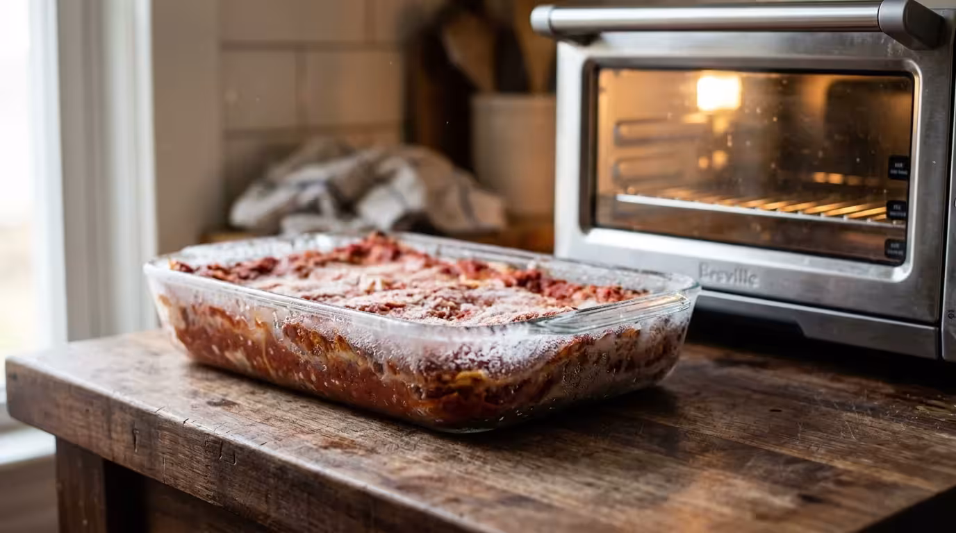 A frosted glass baking dish filled with lasagna sits on a wooden counter next to a countertop toaster oven.