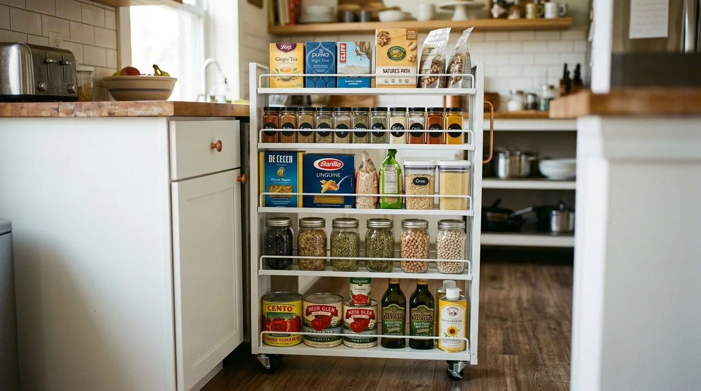 Fully stocked 5-tier slim slide-out cart showing heavy canned goods at the base and spices on upper shelves in a home kitchen.