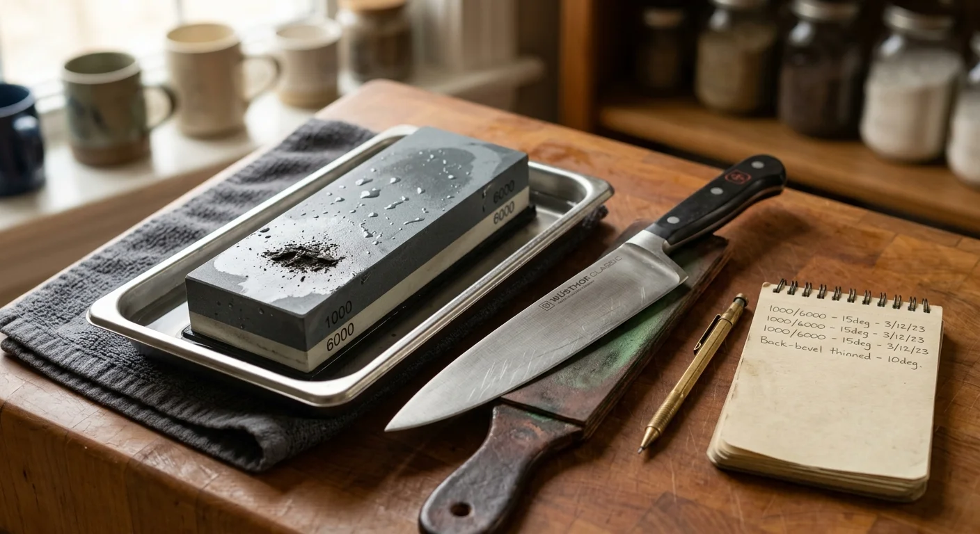 A chef's knife resting on a wooden board beside a whetstone in a tray, a leather strop, and a handwritten notepad.