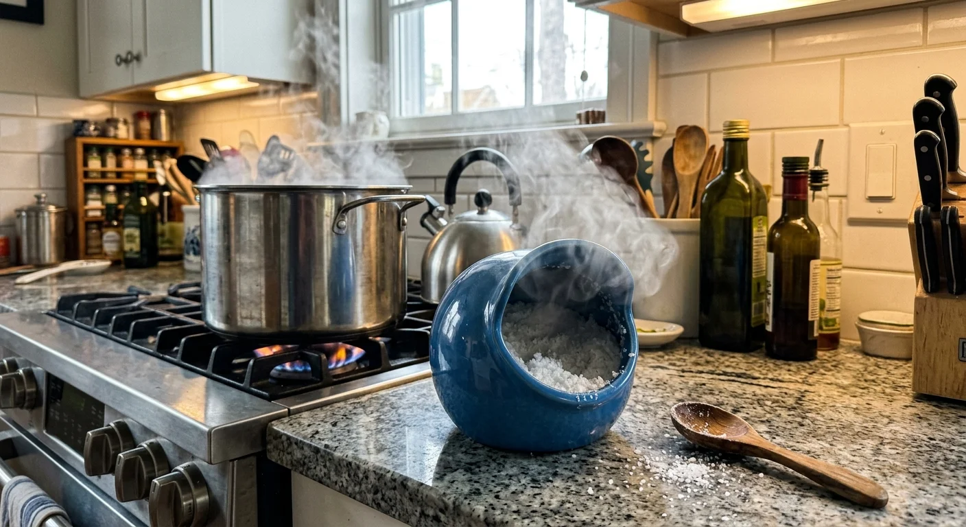 Blue glazed ceramic salt pig filled with salt on a granite counter beside a steaming pot on a gas stove.