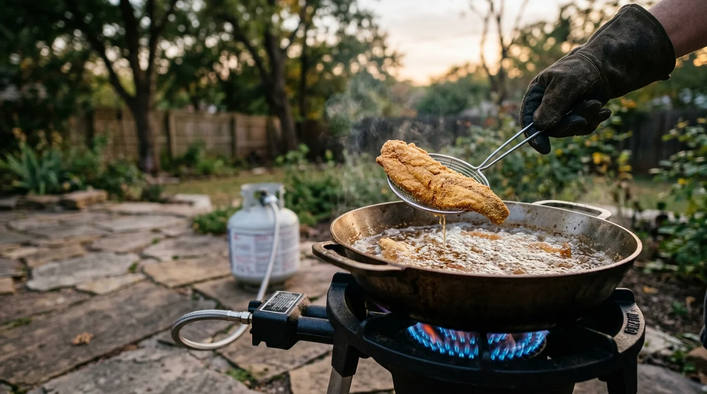 A gloved hand lifts a fried fish fillet with a strainer over a skillet on an outdoor propane burner.