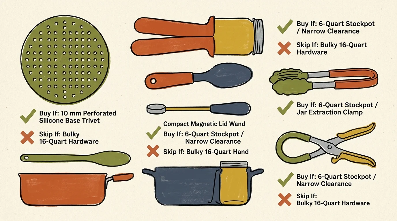 Illustrated canning tool comparison with buy and skip guidelines for pots, trivets, wands, and jar lifters.