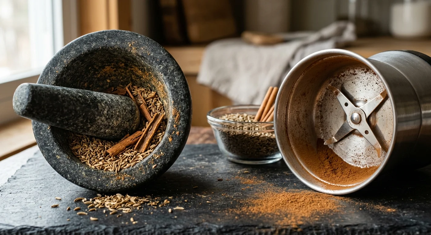 A dark granite mortar and pestle holding spices next to an electric spice grinder bowl with steel blades.