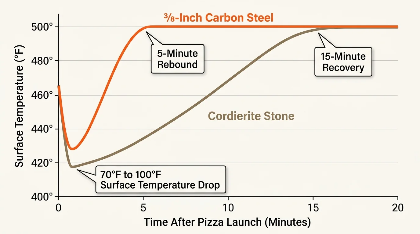 Line graph comparing surface temperature over 20 minutes for 3/8-inch carbon steel versus cordierite stone after pizza launch.