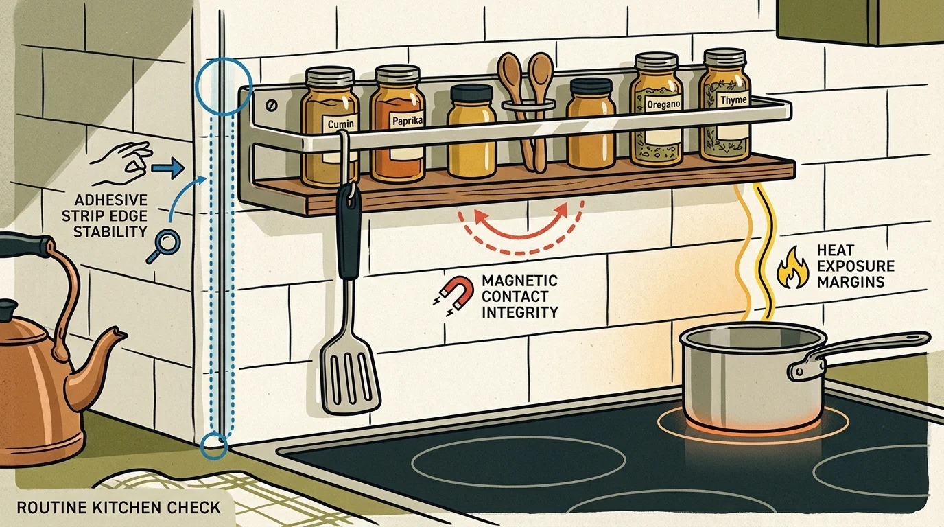 Diagram of a wall-mounted kitchen spice rack above a stovetop with labels for checking adhesive and magnetic integrity.