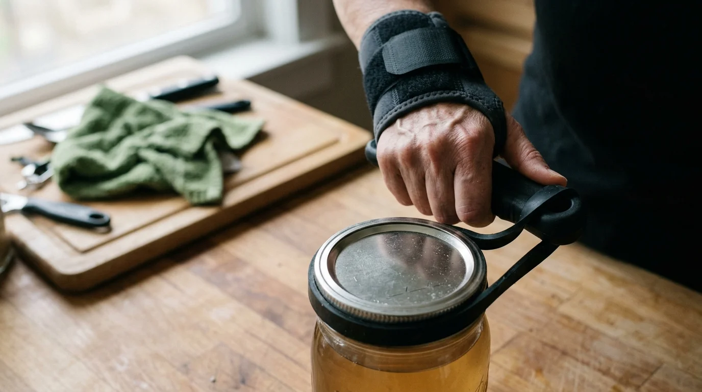 A person wearing a black wrist brace grips a black strap wrench looped tightly around the metal lid of a glass jar.