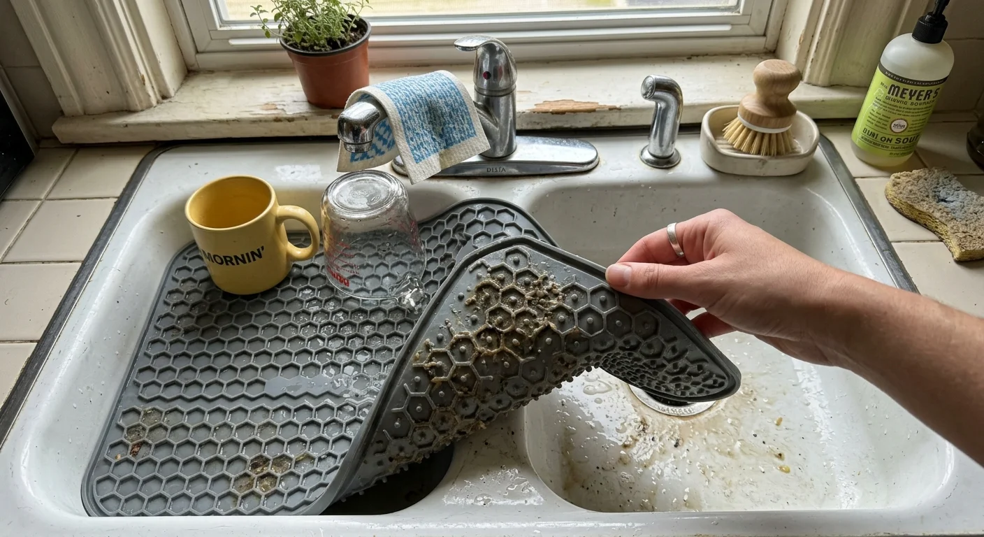 A hand lifts a dirty, honeycomb-patterned gray silicone sink mat, revealing trapped grime beneath it in a white porcelain sink.