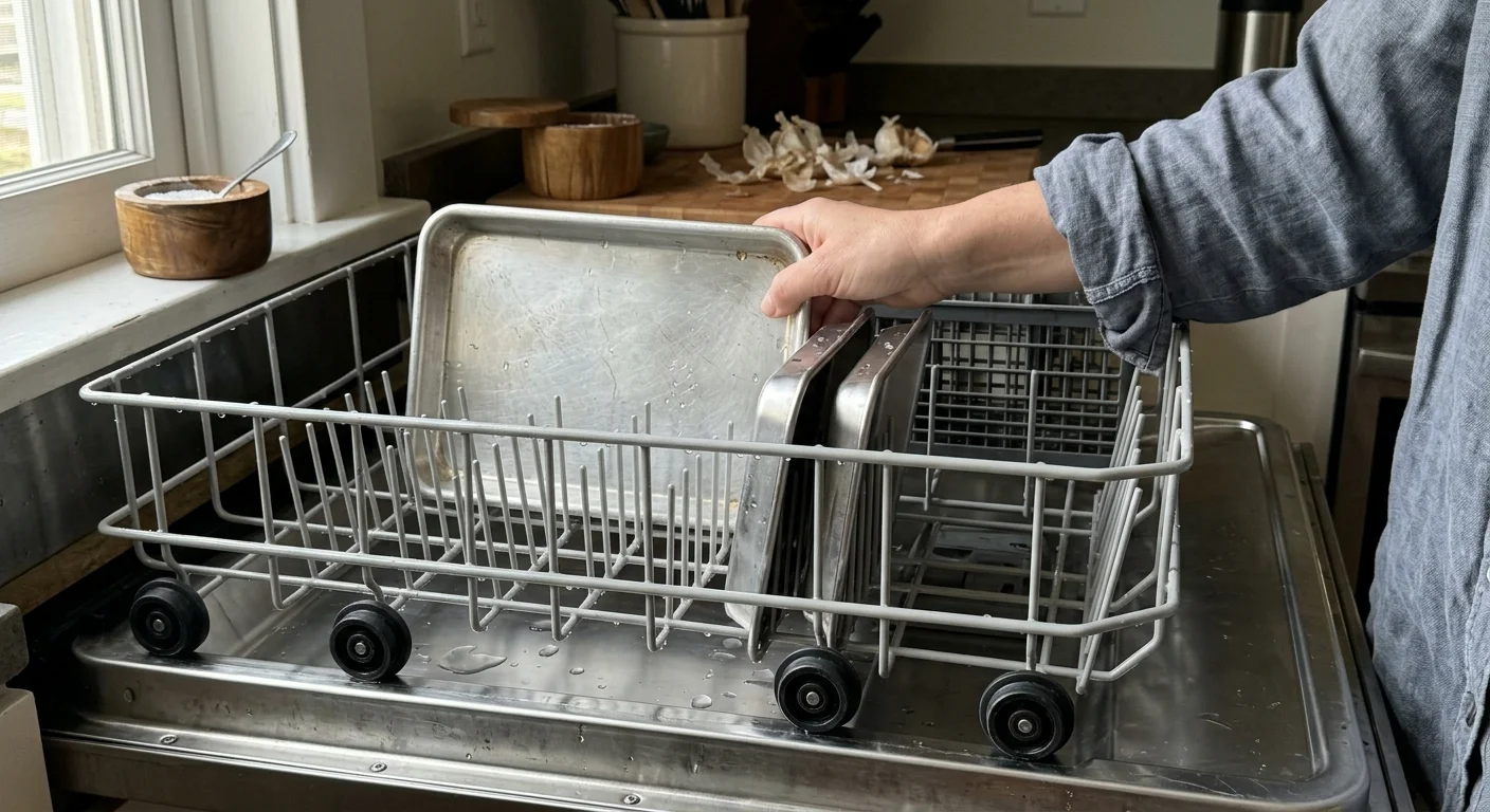 A person places a small metal baking sheet into the lower rack of a dishwasher resting on an open door.