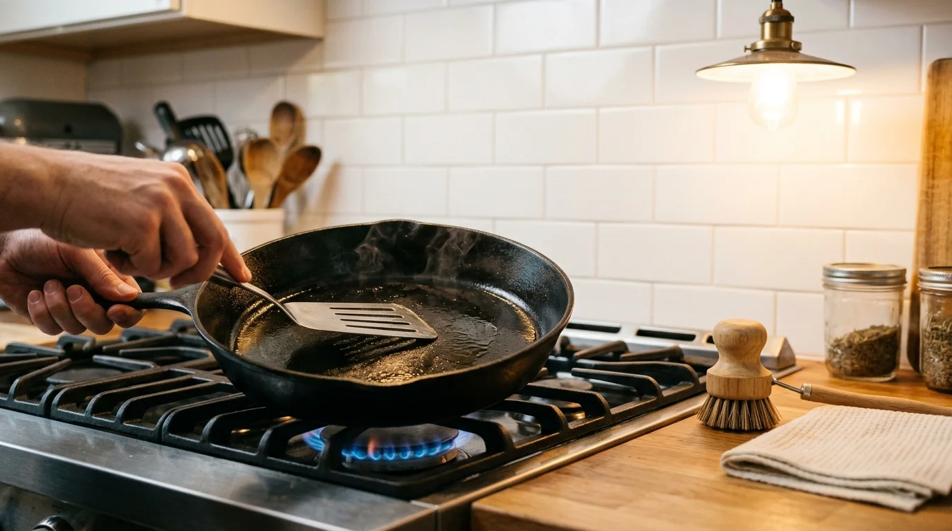 Hands holding a metal spatula inside a smoking cast iron skillet heated over a lit gas stove burner.