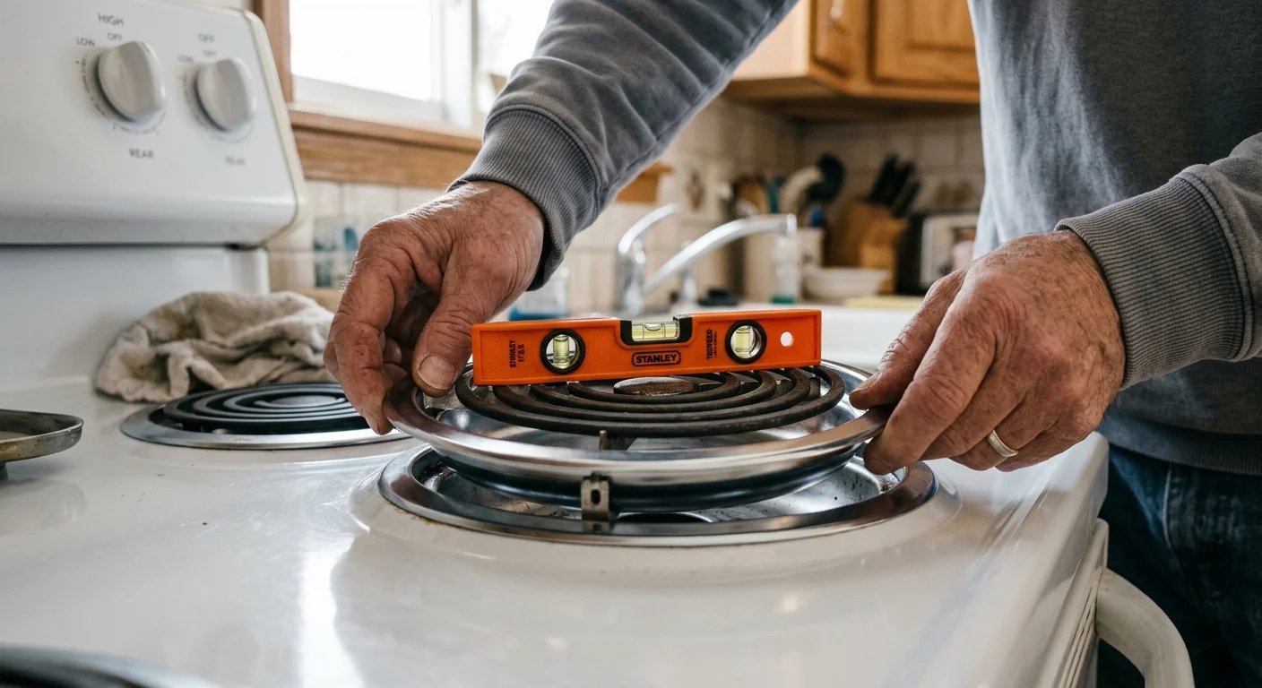 Hands placing an orange spirit level atop an electric coil burner on a white stovetop.