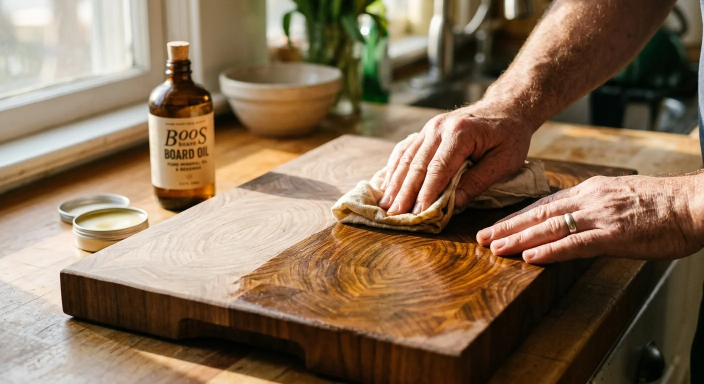 Hands using a cloth to rub conditioning oil onto a wooden cutting board next to a bottle of board oil and wax tin.
