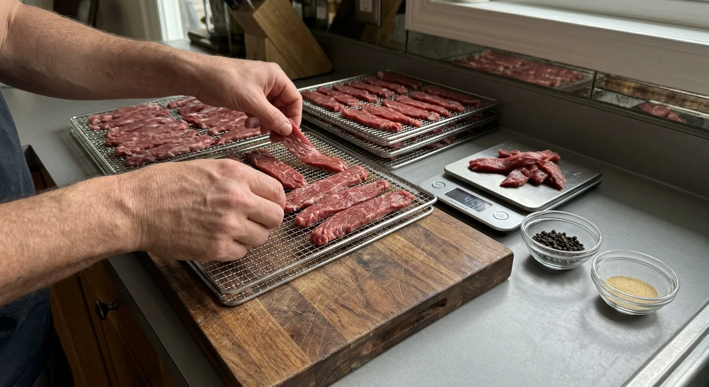 Hands placing sliced strips of raw beef onto wire dehydrator racks on a kitchen counter next to a digital scale.