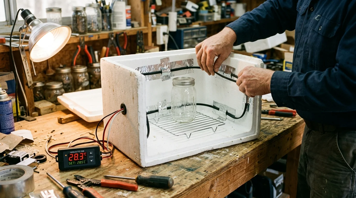 A person taping a black heating cable inside a white foam cooler box with a glass jar and digital temperature controller.