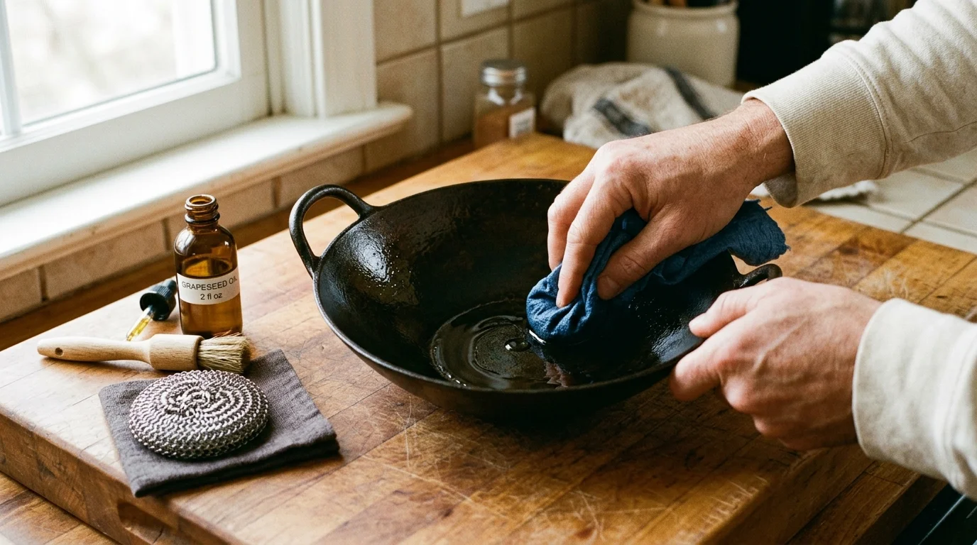 Hands rubbing oil into a small cast iron wok on a wooden board next to a bottle of grapeseed oil and a scrubber.