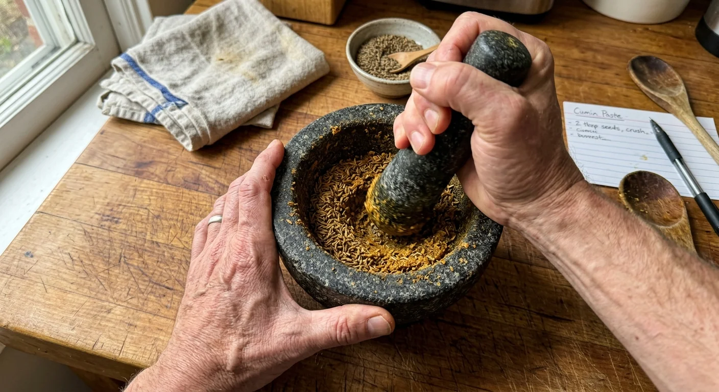 Hands using a dark granite pestle to crush whole cumin seeds inside a heavy stone mortar on a wooden counter.