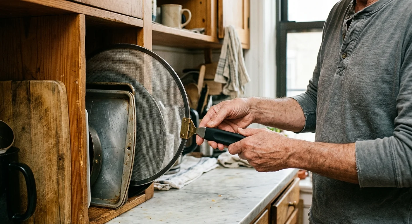 A person inserts a round mesh splatter screen with a folding handle into an upright wooden cabinet organizer.