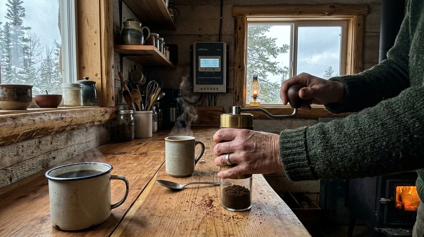 Person using a manual coffee grinder on a rustic wooden counter inside a cabin, near steaming mugs and a wood stove.