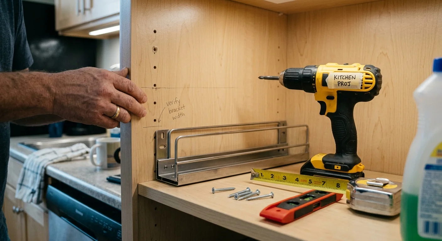 A cordless drill, screws, level, tape measure, and metal bracket sit inside an open kitchen cabinet during installation.