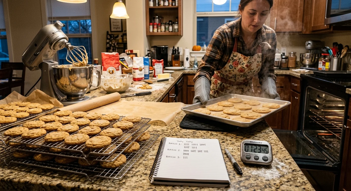 A woman removes a steaming baking sheet of cookies near cooling racks, a stand mixer, and a tally notebook.