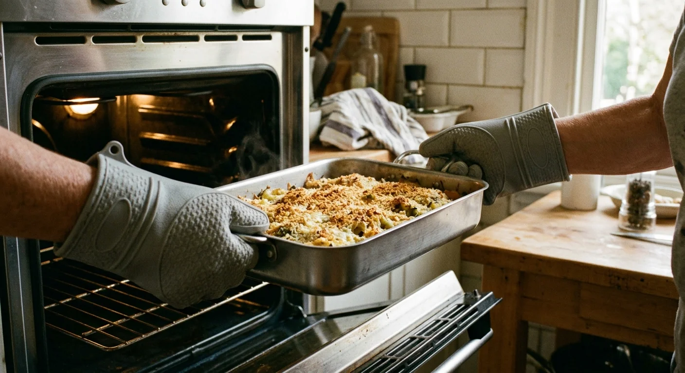Person wearing gray silicone oven mitts pulls a metal baking pan of baked casserole from a lit oven.