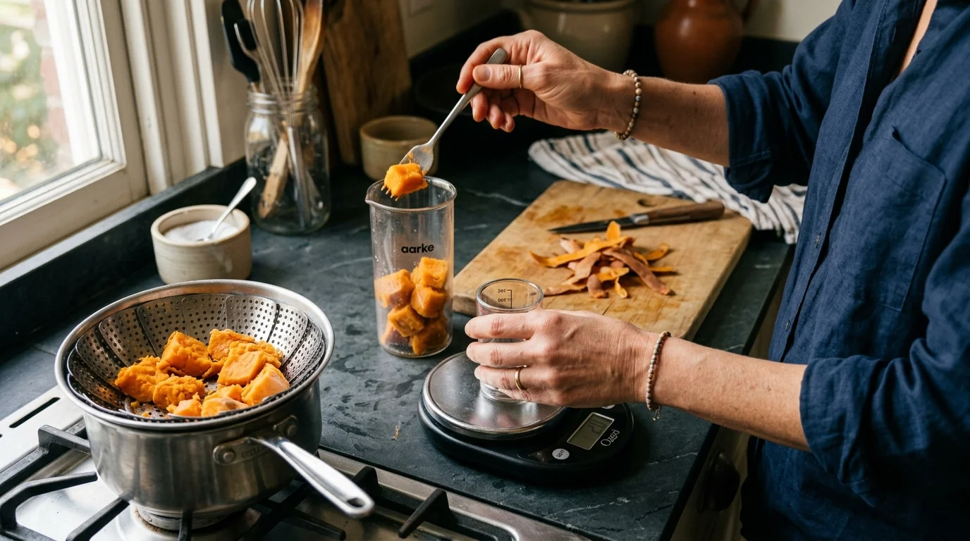 A person uses a fork to put steamed sweet potato cubes into a beaker next to a food scale on a kitchen counter.