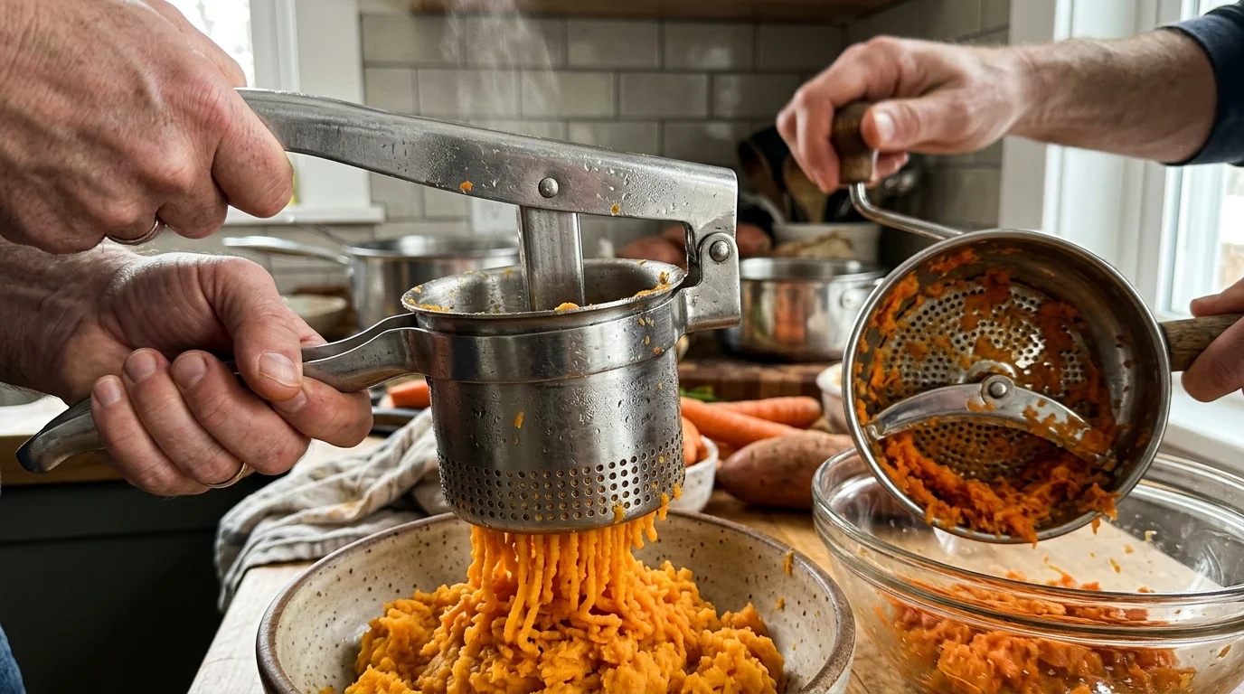 Hands pressing cooked sweet potato through a metal ricer into a bowl beside a tilted rotary food mill.