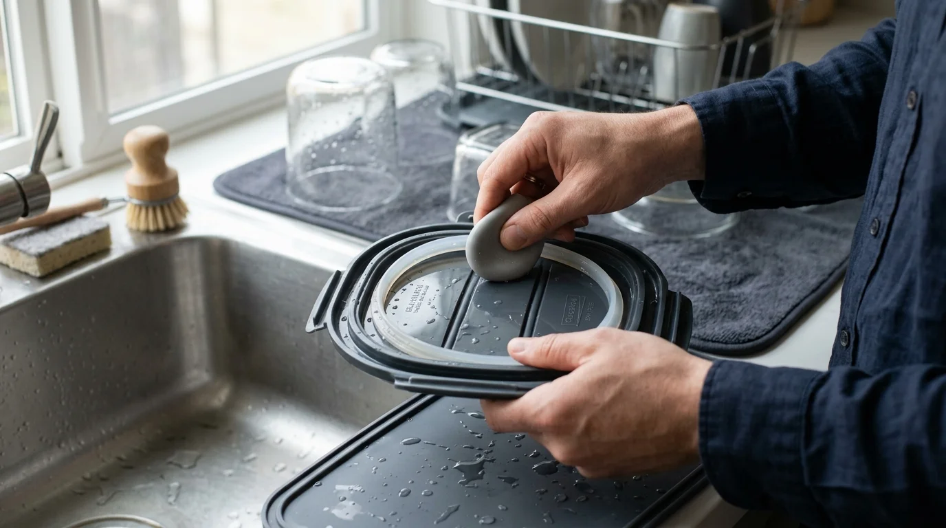 Hands cleaning the silicone gasket inside a wet plastic container lid beside a kitchen sink.