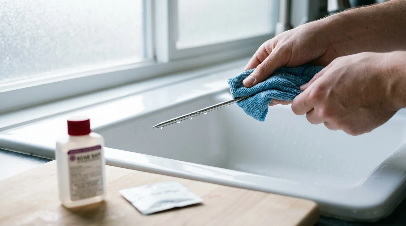 Hands wiping a wet stainless steel thermometer probe with a blue cloth over a kitchen sink near sanitizing supplies.