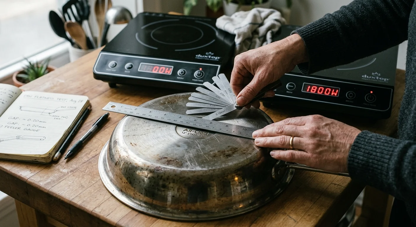 Person measuring the gap beneath a metal ruler on an upside-down frying pan using a feeler gauge next to induction cooktops.