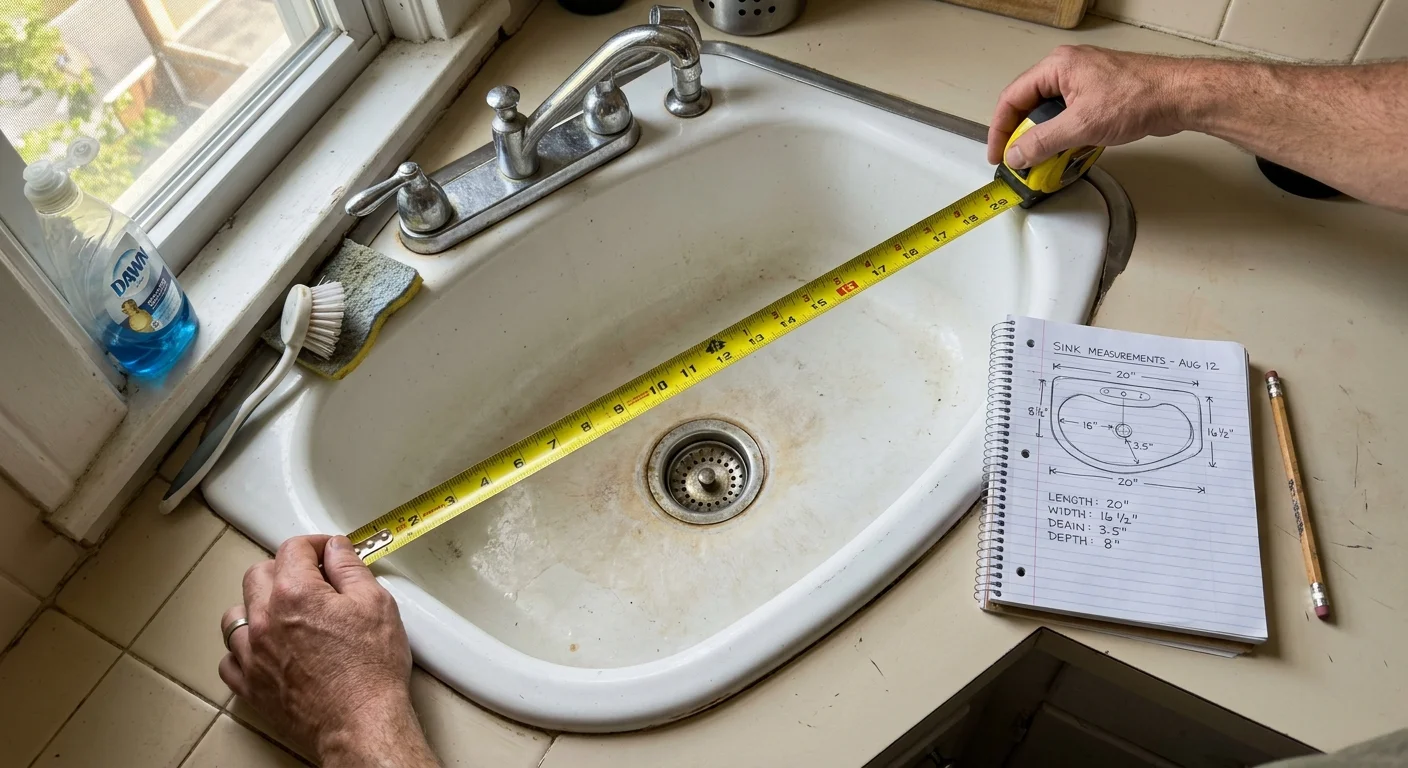 Person measuring a white porcelain sink with a yellow tape measure beside a notebook with sketched dimensions.