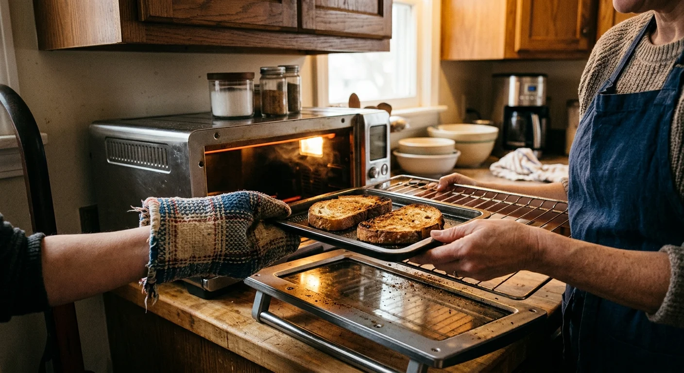 A person using an oven mitt pulls a baking sheet with two toasted bread slices from a stainless steel countertop oven.