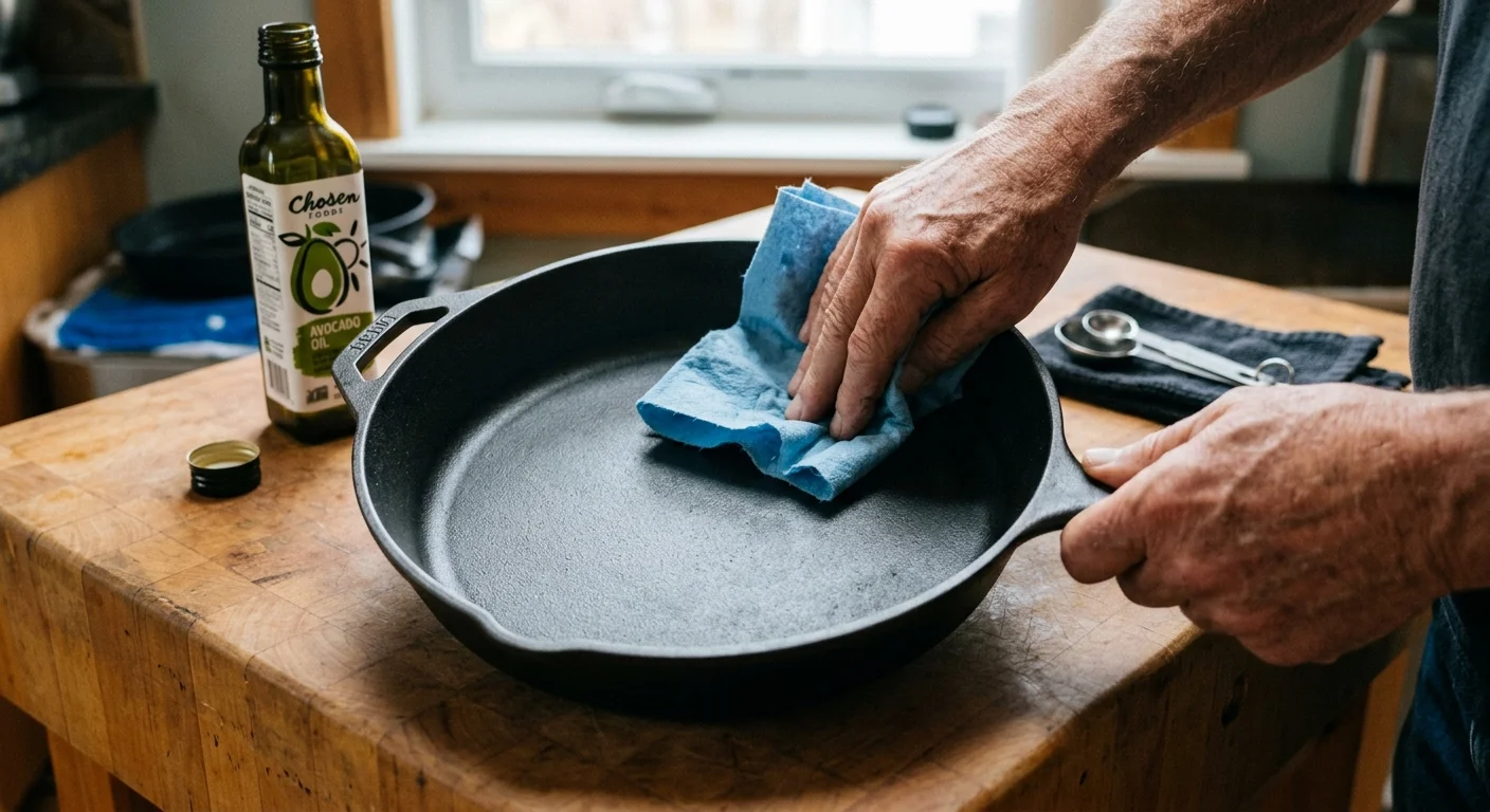 Hands wiping down a cast iron skillet with a blue shop towel next to a bottle of avocado oil on a butcher block.