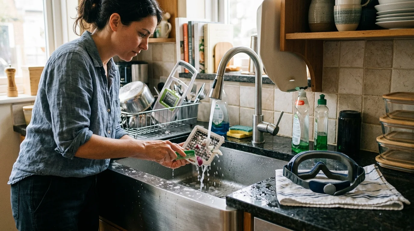 Hands washing disassembled vegetable chopper grid blades and pusher teeth at a kitchen sink with a cleaning brush.