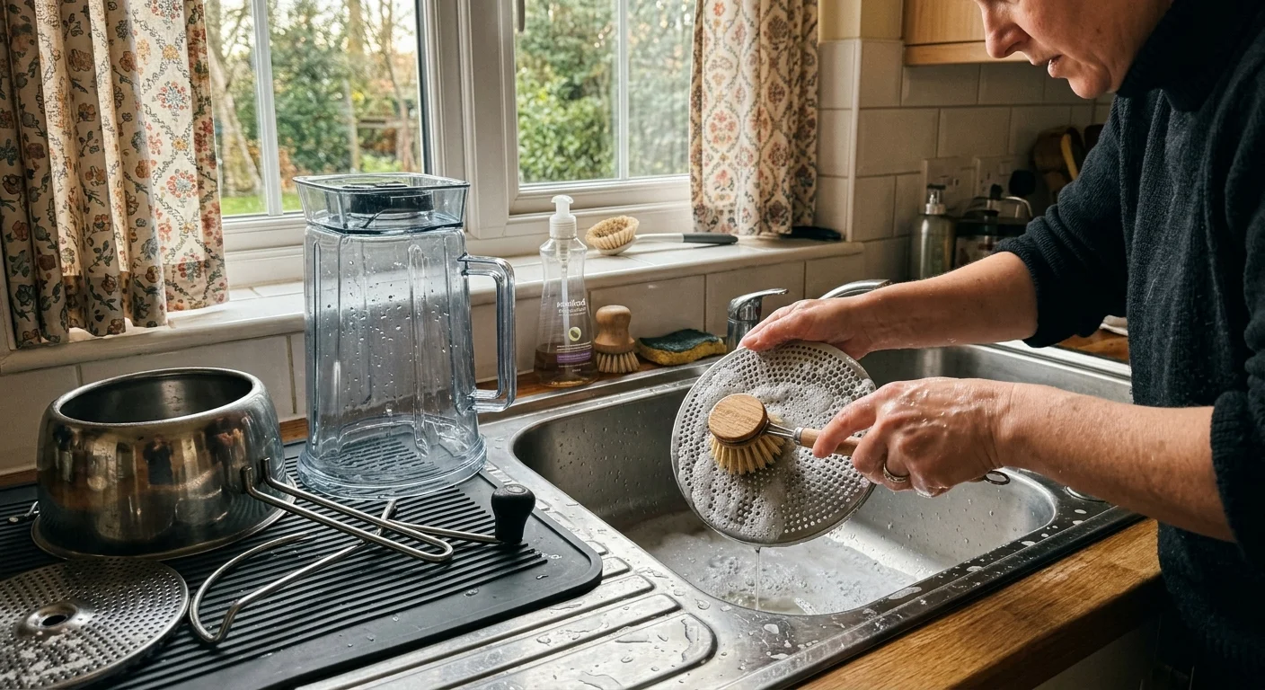 A person scrubs a metal food mill disc with a brush in a sink beside a disassembled blender jar and food mill parts.
