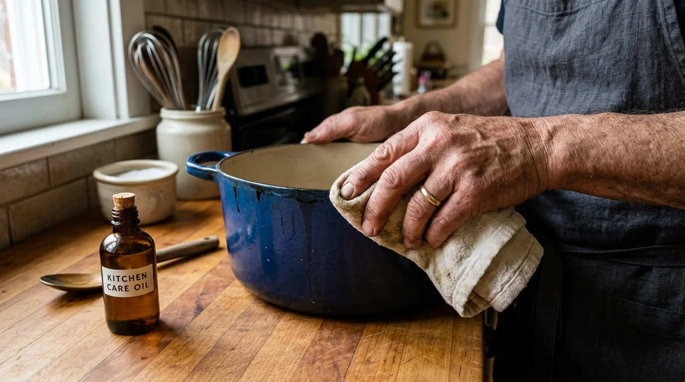 Hands wiping neutral cooking oil onto the exposed cast iron rim of an enameled Dutch oven with a cloth.